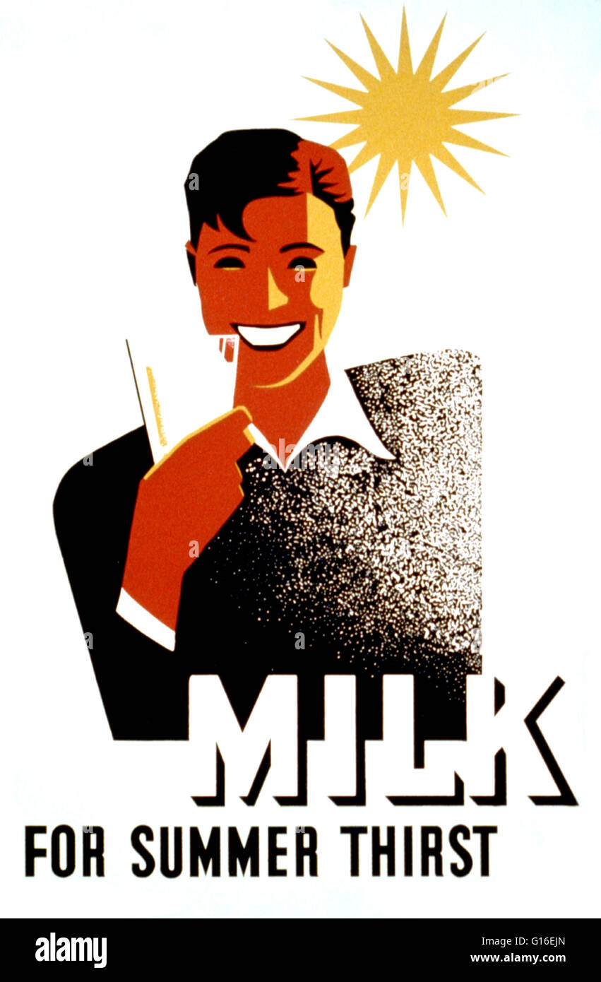 Intitolato: "latte - per l'estate sete". Poster per la divisione di Cleveland per la promozione della salute, di latte che mostra un giovane uomo con in mano un bicchiere di latte con il sole che splende in background. Il progetto federale di arte (FAP) è stato il visual arts braccio della Grande Depressione Foto Stock