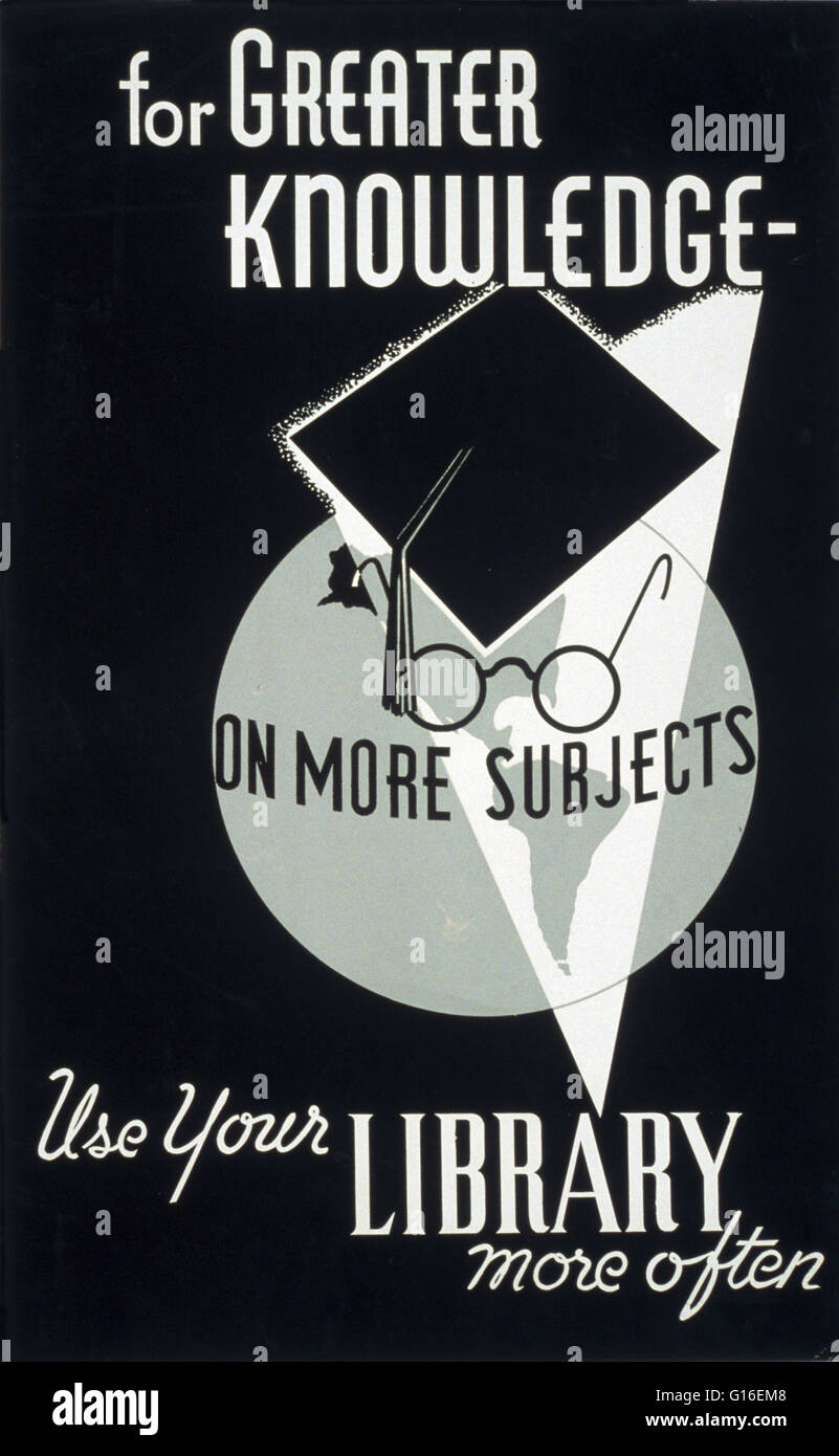 Titolo: "Per una maggiore conoscenza su più soggetti usano la libreria più spesso". Poster raffigurante una mortarboard e un paio di occhiali in sovrimpressione su di un globo, promuovendo l'uso di librerie. Il progetto federale di arte (FAP) è stato il visual arts braccio del Grande de Foto Stock
