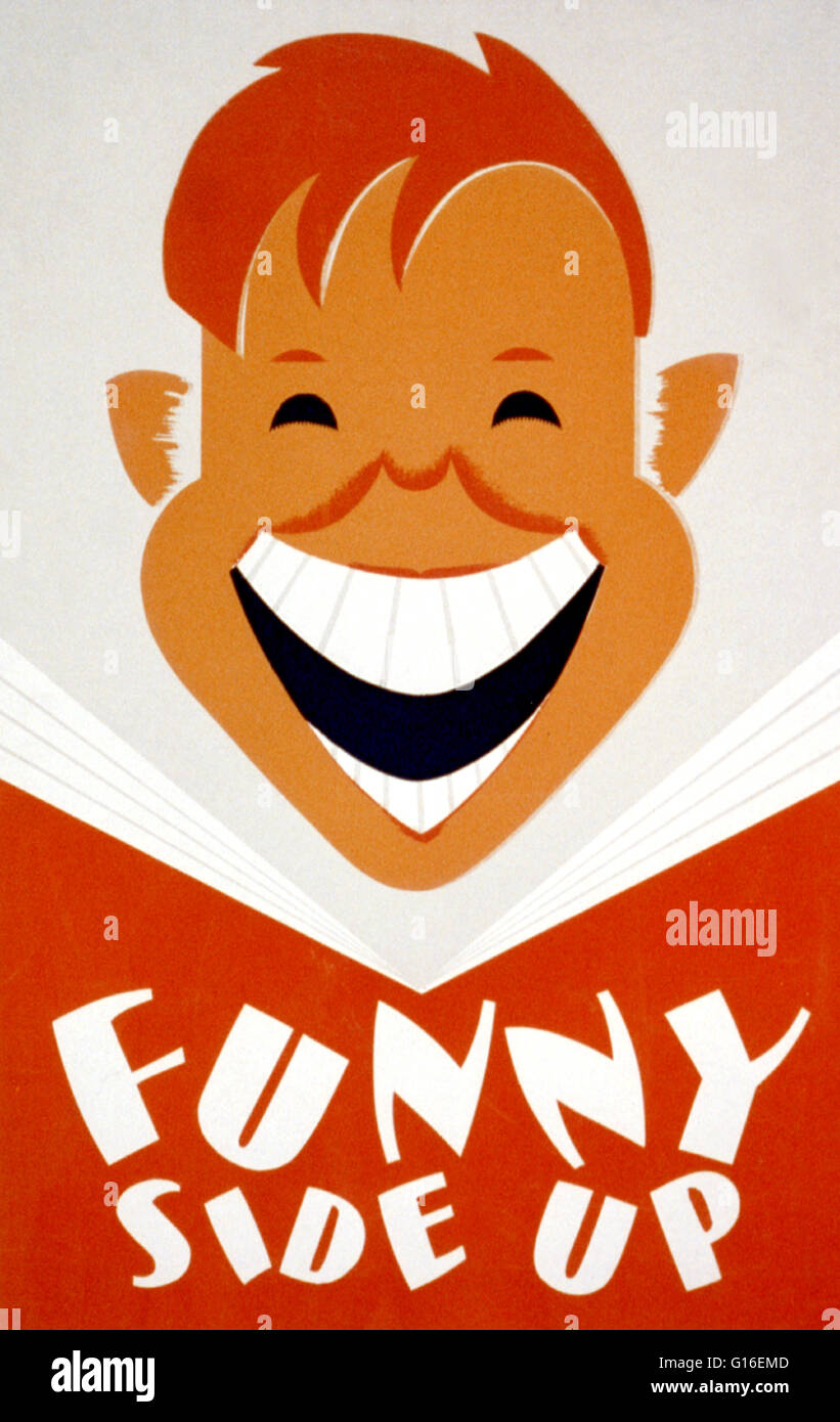 Titolo: "lato divertente up'. Poster di promozione della lettura, che mostra un ragazzo del volto sorridente e un libro aperto. Il progetto federale di arte (FAP) è stato il visual arts braccio della Grande Depressione era nuova trattativa opere corso Amministrazione federale numero di progetto di un programma Foto Stock