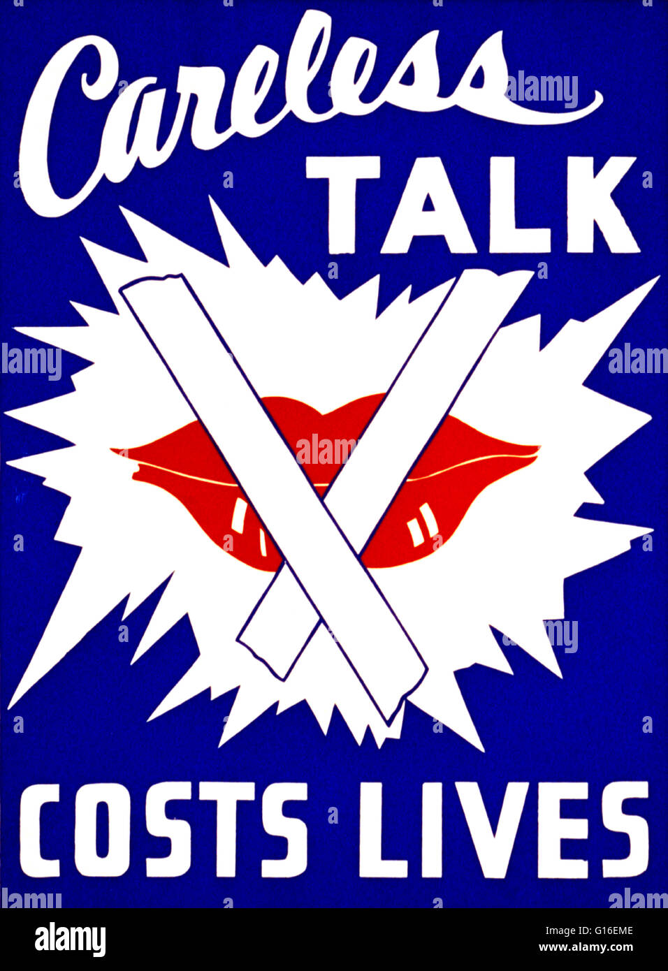 Titolo: "incurante parlare può costare la vita". Poster suggerendo incurante comunicazione possono essere dannosi per lo sforzo di guerra, mostrando le labbra con il nastro sopra di loro. Il progetto federale di arte (FAP) è stato il visual arts braccio della Grande Depressione era nuova trattativa opere di progresso Un Foto Stock
