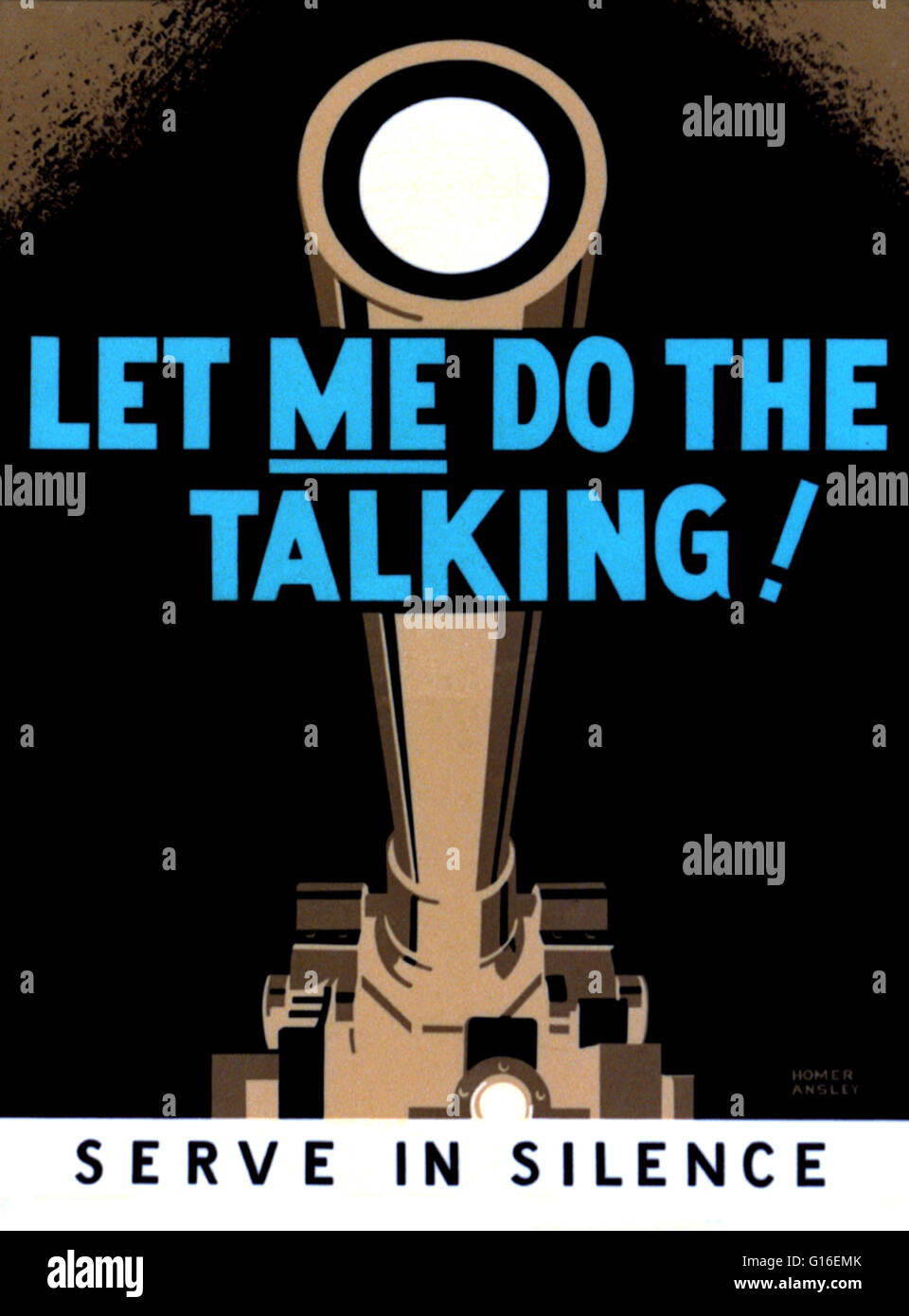 Titolo: "Mi fate parlare! Servire in silenzio". Poster di incoraggiare i cittadini ad essere consapevoli di incurante parlare e lasciare che i militari parlano per la nazione, mostrando una grande cannone. Il progetto federale di arte (FAP) è stato il visual arts braccio della grande Depres Foto Stock