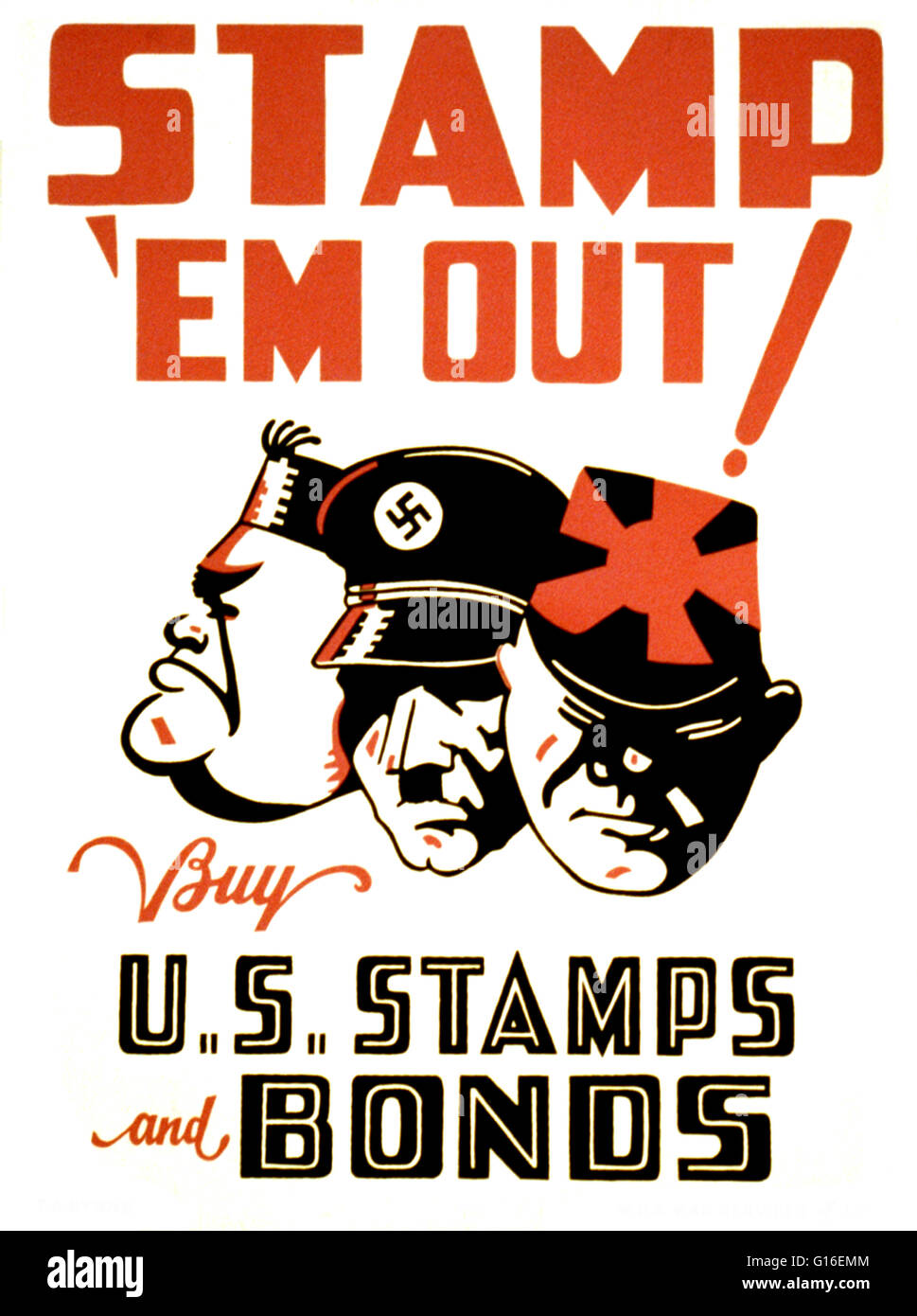 Dal titolo: 'timbro 'em fuori acquistare francobolli degli Stati Uniti e di obbligazioni". Poster di incoraggiare l'acquisto di francobolli di guerra e di obbligazioni per sostenere lo sforzo di guerra, che mostra i volti di Hitler e Mussolini e Hirohito. Il progetto federale di arte (FAP) è stato il visual arts braccio della grande Depres Foto Stock