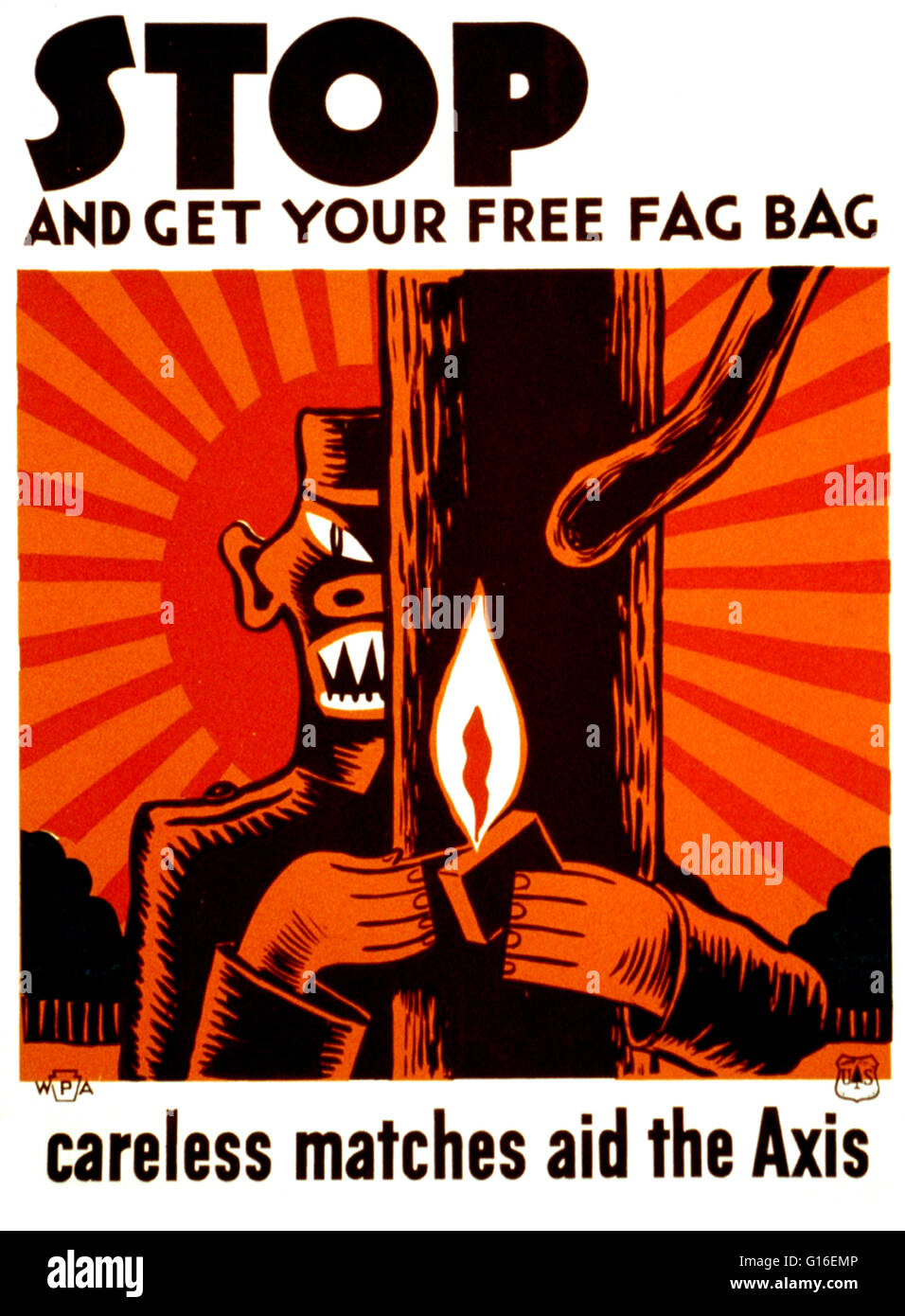 Titolo: "top e riceverai gratuitamente il sacchetto di FAG. Incurante degli aiuti corrisponde all'asse'. Poster di incoraggiare l'uso di 'fag bag " per lo smaltimento di fiammiferi, mostrando stilizzata soldato giapponese in piedi dietro ad un albero con una corrispondenza con il Rising Sun in background. Il Feder Foto Stock