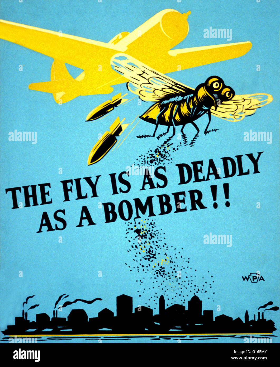 Titolo: "Il fly è così terribile come un bombardiere!' Poster per Philadelphia Department of Health segnalazione di potenziali rischi per la salute derivanti da esposizione a mosche. Il progetto federale di arte (FAP) è stato il visual arts braccio della Grande Depressione era nuova trattativa opere progressi Foto Stock