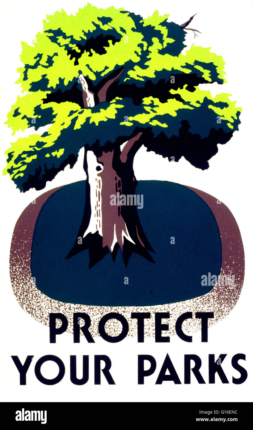 Titolo: "Proteggere i parchi". Poster di promozione conservazione dei parchi, che mostra un albero. Il progetto federale di arte (FAP) è stato il visual arts braccio della Grande Depressione era nuova trattativa opere corso Amministrazione progetto federale numero uno in programma l'unità Foto Stock
