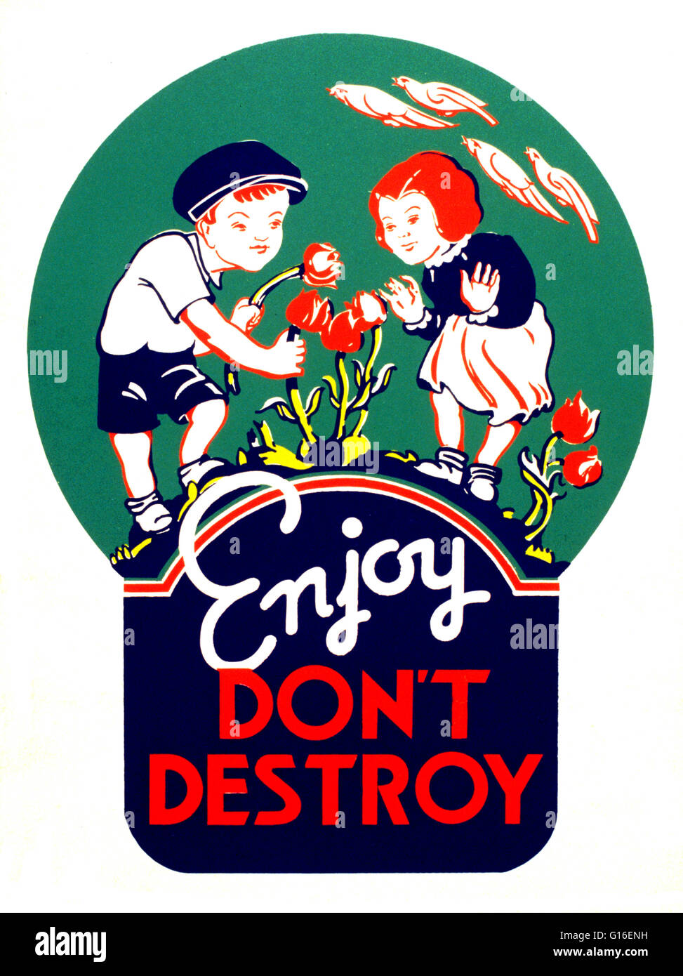 Titolo: "godere, non distruggere". Poster che mostra due bambini a caccia di fiori. Il progetto federale di arte (FAP) è stato il visual arts braccio della Grande Depressione era nuova trattativa opere corso Amministrazione federale numero di progetto un programma negli Stati Uniti Foto Stock