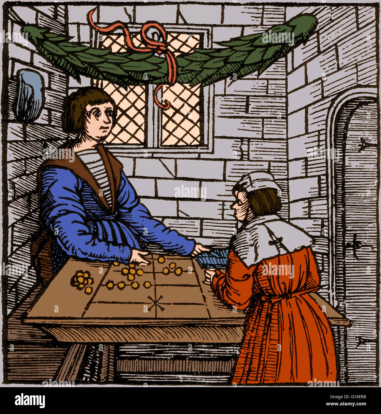 Il colore migliora la xilografia immagine da Ain nuovo geordnet Rechenb, chlein auf den linien mit Rechenpfenningen (un ordinato nuovo opuscolo di elaborazione sulle linee con computing spiccioli) da Jacob K'bel, 1516. Un Abaco è un dispositivo di conteggio che è costituito da un telaio in attesa Foto Stock
