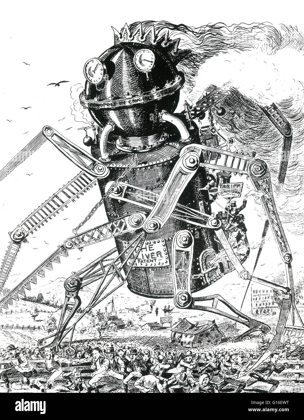 Cartoon politico che mostra il brevetto Oliver - monopolio nel crogiolo acciaio - come un gigante di vapore robot guidati scatenandosi attraverso la diffusione di una folla di persone con la commissione tariffaria equitazione sulla sua schiena. Un edificio etichettato 'Attrezzo' in fabbrica e un segno, 'n. Foto Stock