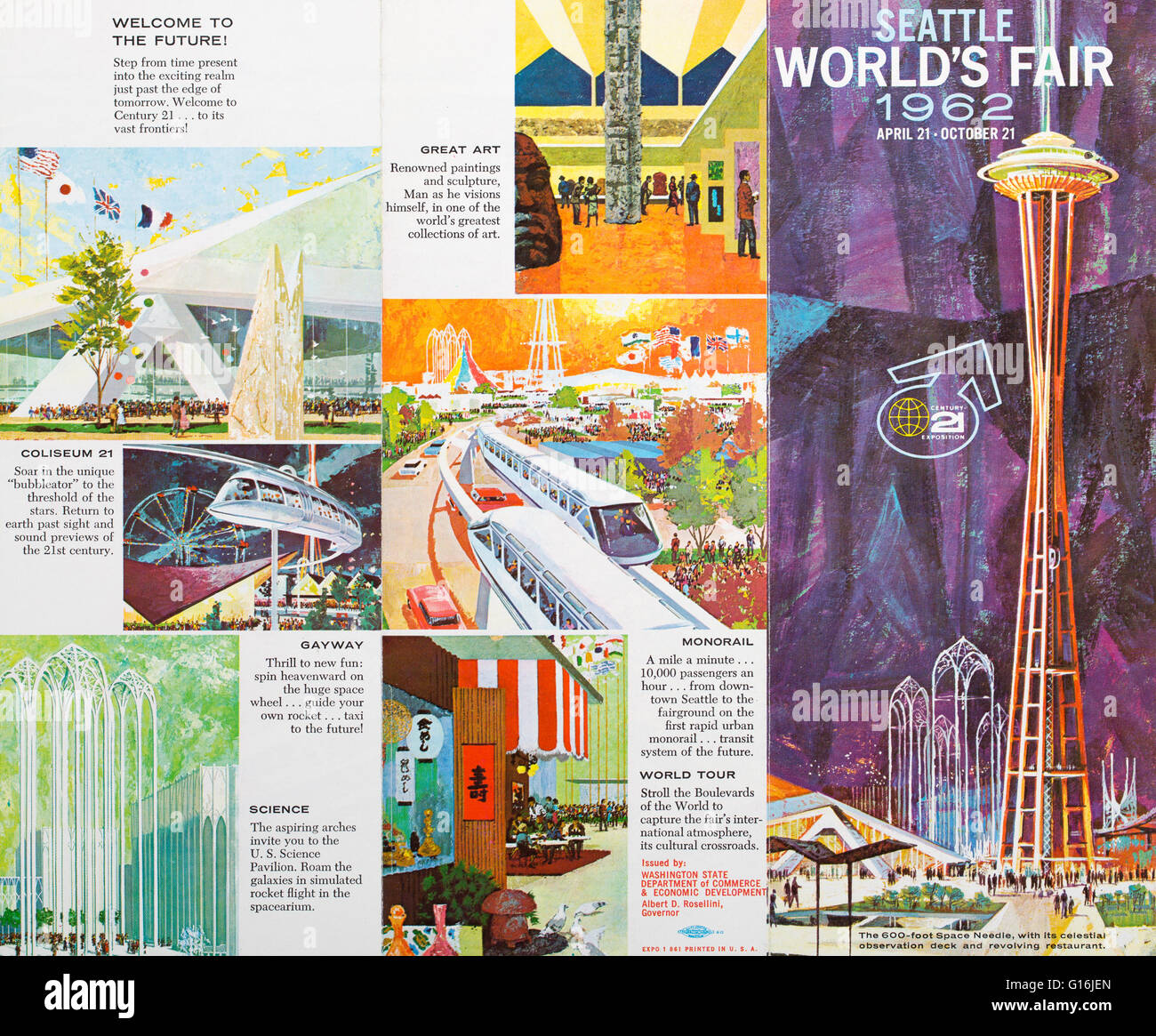 Le illustrazioni del 1962 Seattle fiera mondiale su un depliant turistico Foto Stock