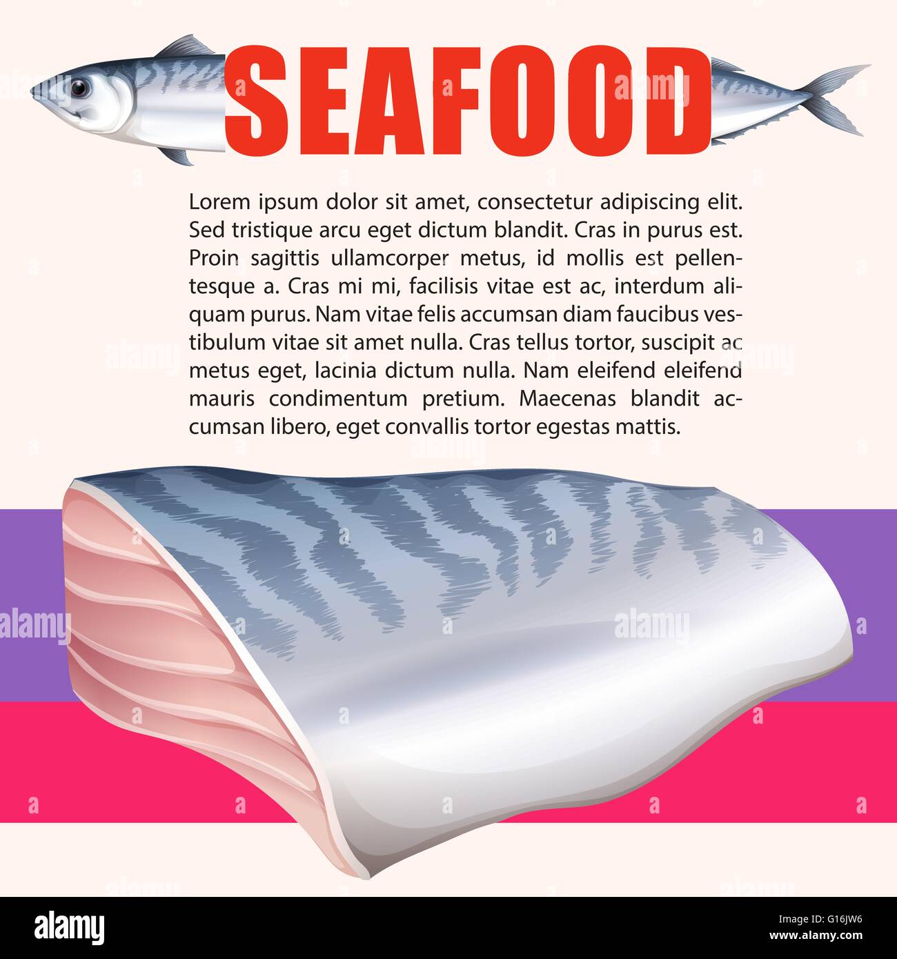 Frutti di mare poster con tonno e illustrazione di testo Illustrazione Vettoriale