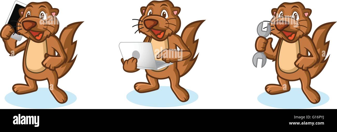 Brown Sea Otter Mascot con strumenti Illustrazione Vettoriale