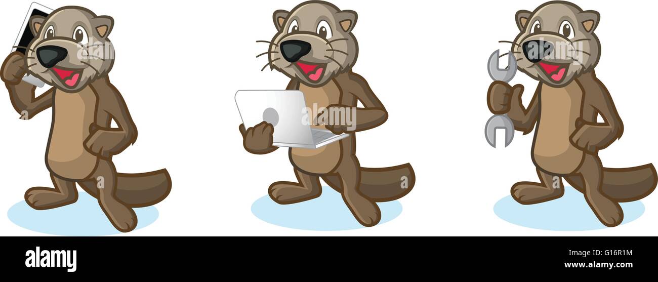 Il marrone scuro Sea Otter Mascot con il computer portatile Illustrazione Vettoriale