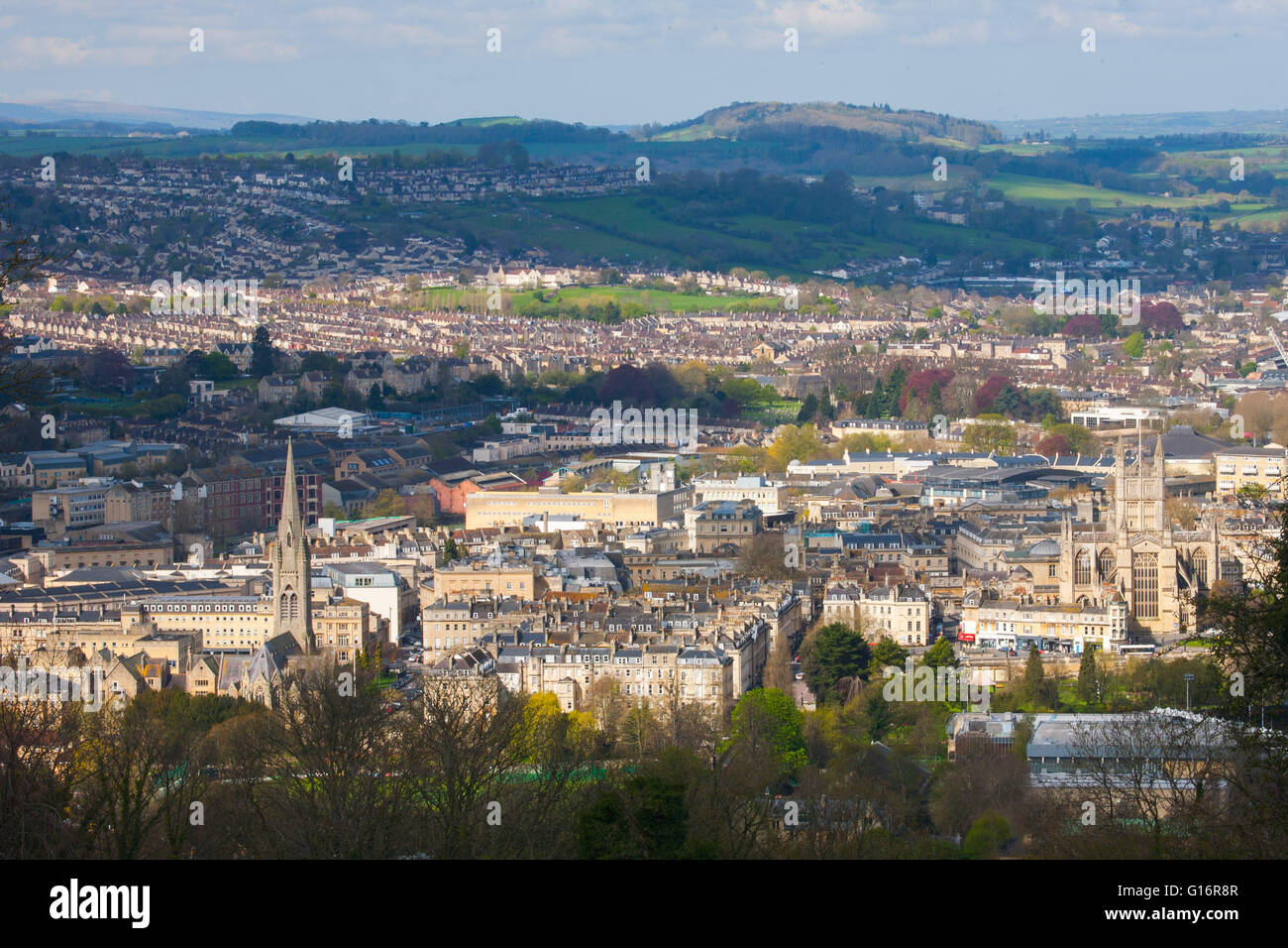 Città di Bath skyine nel Somerset con l' Abbazia di destra - fromClaverton verso il basso Foto Stock