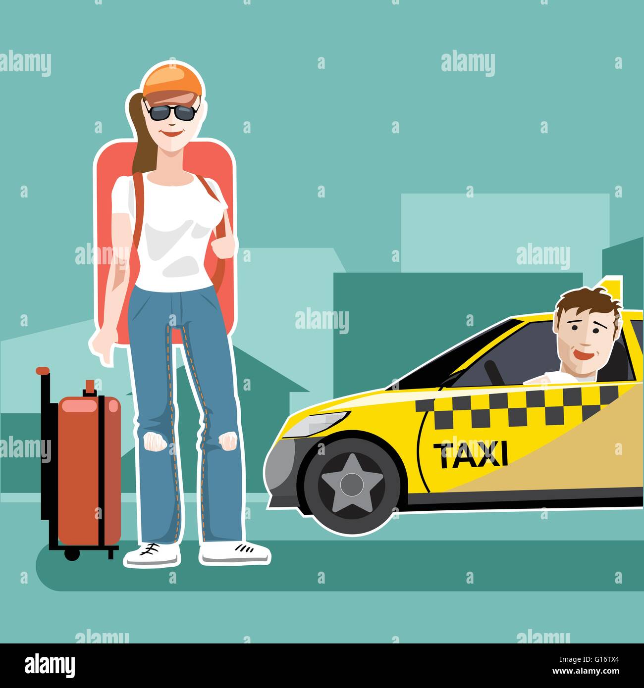 Una ragazza turistico con bagagli di prendere un taxi Illustrazione Vettoriale