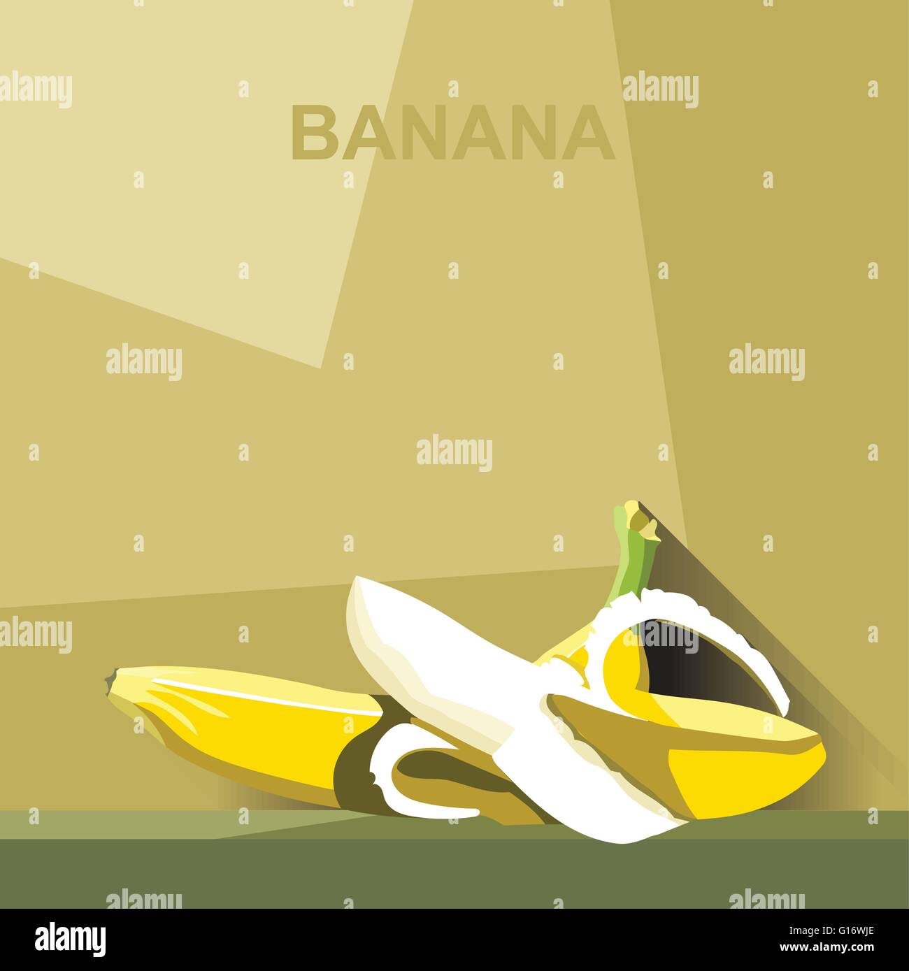 Un intero big banana matura e una banana pelata con nucleo bianco su un tavolo, digitale immagine vettoriale. Illustrazione Vettoriale