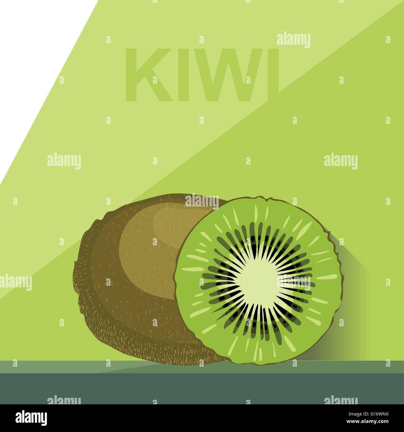 Un intero grande mature e kiwi a metà kiwi su un tavolo, digitale immagine vettoriale. Illustrazione Vettoriale