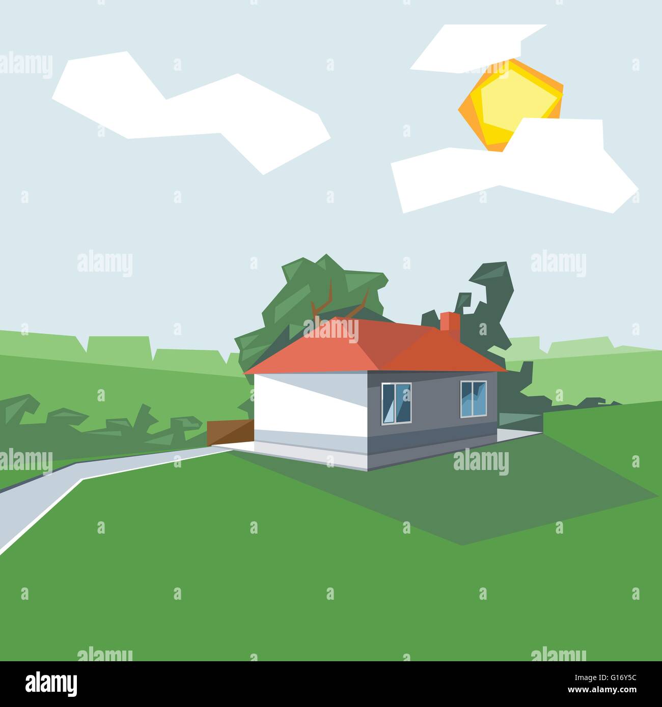 Una casa a 1 piano, vista dalla prospettiva, con windows e il sole tra le nuvole, vicino giardino verde, digitale immagine vettoriale Illustrazione Vettoriale