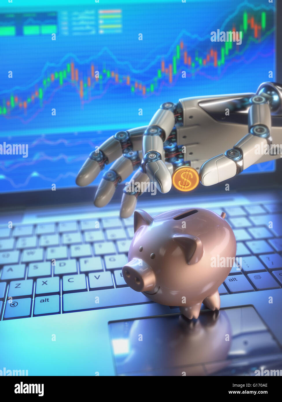 Robot trading system è un software utilizzato nel mercato azionario che invia automaticamente mestieri. Immagine 3D concetto. Foto Stock
