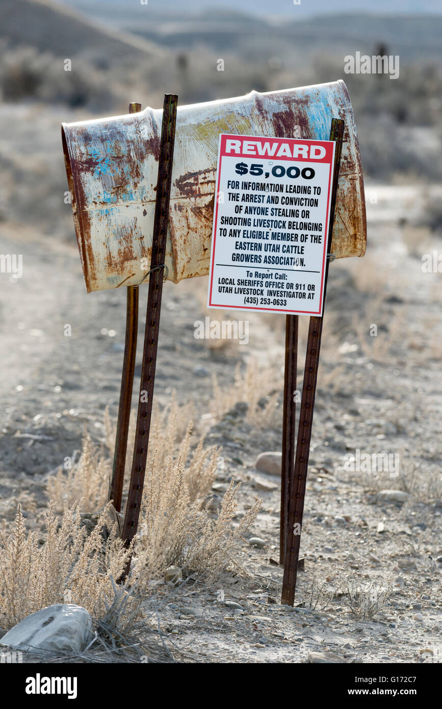 Accedi Southern Utah offre una ricompensa per le riprese o rubare il bestiame. Foto Stock