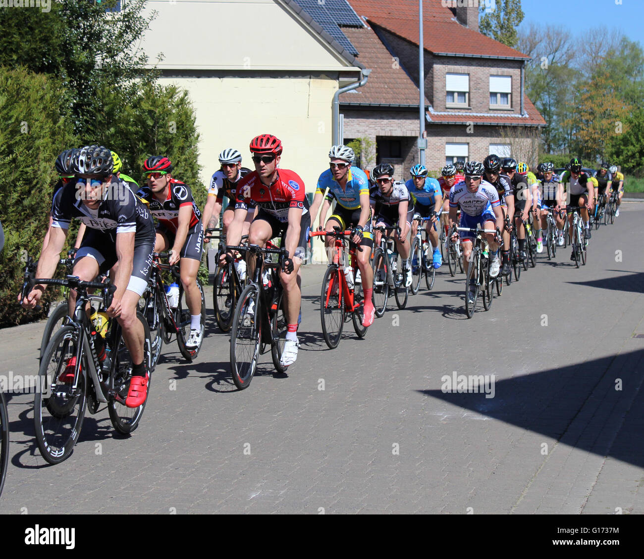 AALST, BELGIO 5 MAGGIO 2016: i piloti amatoriali di vari club di ciclo di competere in una gara in bicicletta attraverso le strade di Herdersem, Aalst. Foto Stock