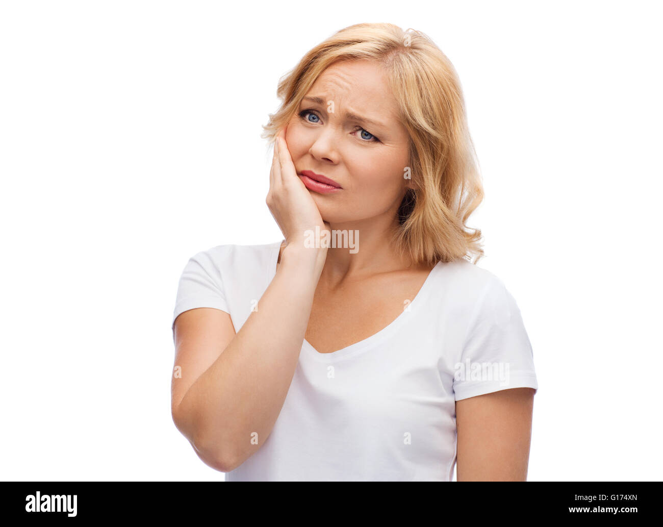 Donna infelice sofferenza mal di denti Foto Stock