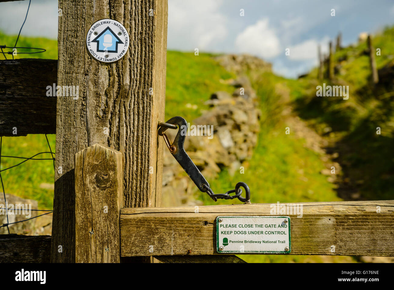 Dettaglio del cancello su Pennine Bridleway National Trail sopra il Rossendale valley Lancashire Foto Stock