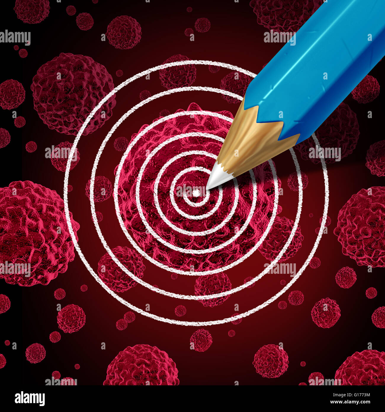 Bersagliare cancro terapia medica nozione come un disegno a matita di un bersaglio su un cancro di cellule maligne come una malattia di trattamento o di guarigione la metafora per uccidere il carcinoma in un corpo umano come 3D'illustrazione. Foto Stock