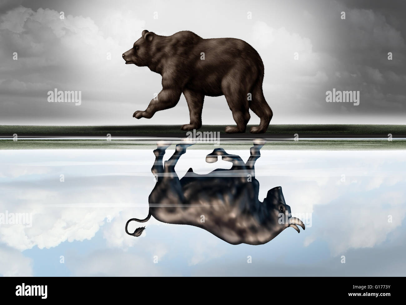 Finanziarie positive outlook business concept come un orso colata di una riflessione di un movimento in avanti bull come una previsione di speranza nel mercato azionario investendo in un 3d illustrazione dello stile. Foto Stock