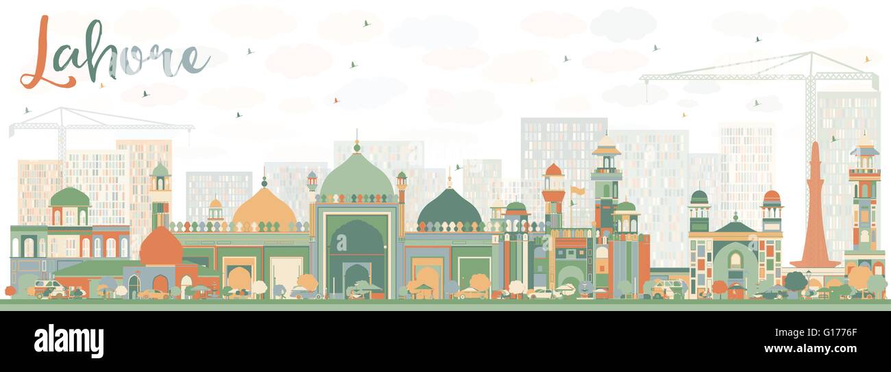 Abstract Lahore Skyline con punti di riferimento di colore. Illustrazione Vettoriale. Viaggi di affari e turismo concetto con edifici storici. Illustrazione Vettoriale