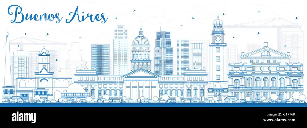 Profilo di Buenos Aires Skyline con punti di riferimento di colore blu. Illustrazione Vettoriale. Viaggi di affari e turismo Concept Illustrazione Vettoriale
