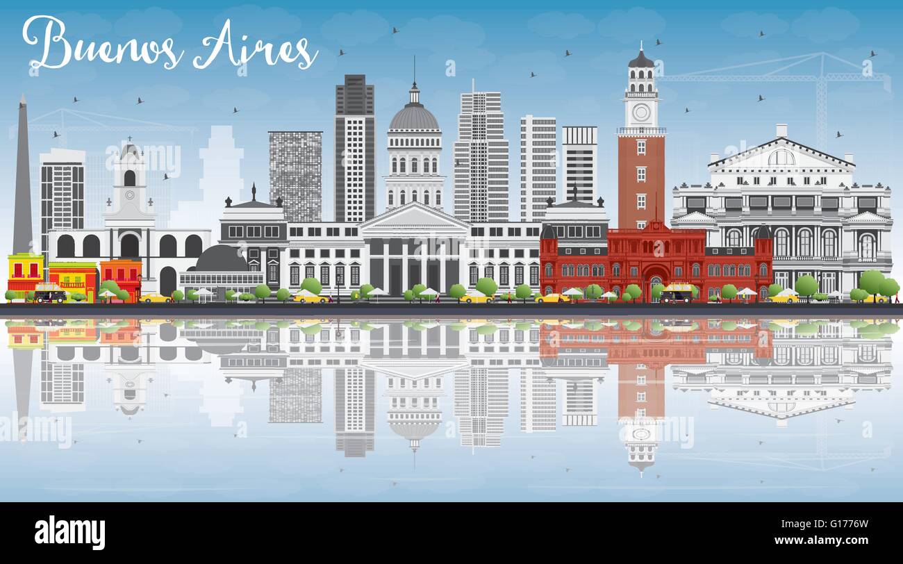 Buenos Aires Skyline con punti di riferimento di colore, cielo blu e riflessi. Illustrazione Vettoriale. Viaggi di affari e turismo Concept Illustrazione Vettoriale