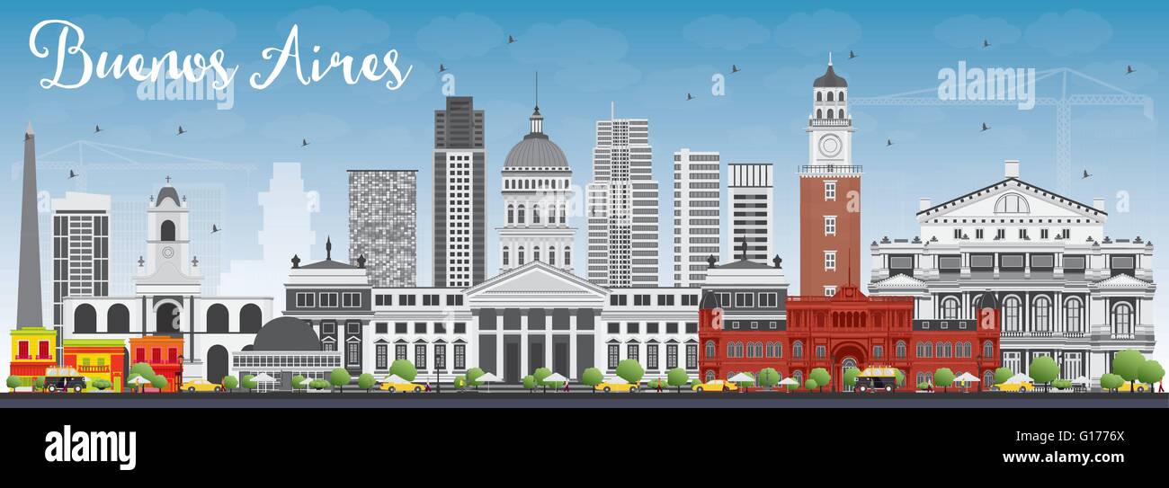 Buenos Aires Skyline con punti di riferimento di colore e cielo blu. Illustrazione Vettoriale. Viaggi di affari e turismo Concept Illustrazione Vettoriale