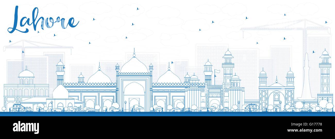 Profilo dello Skyline di Lahore con punti di riferimento di colore blu. Illustrazione Vettoriale. Viaggi di affari e turismo concetto con edifici storici. Illustrazione Vettoriale