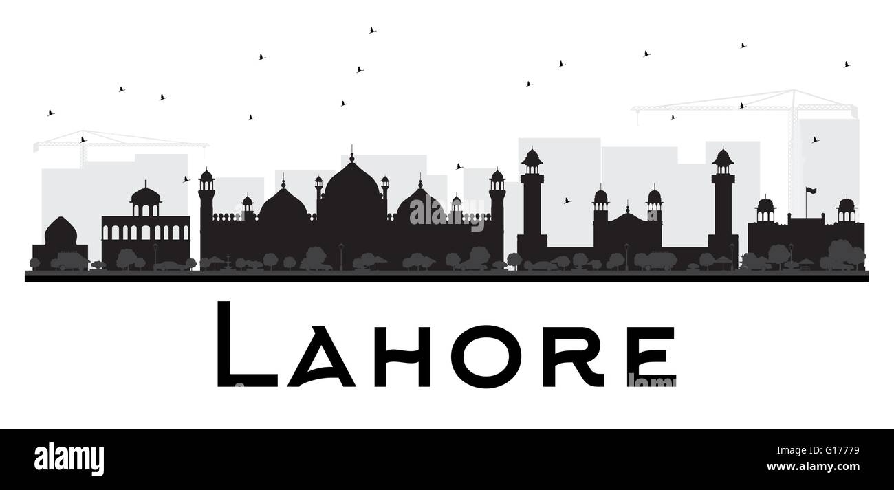 Lahore Città skyline in bianco e nero la silhouette. Illustrazione Vettoriale. Piatto semplice concetto per il turismo presentazione, banner Illustrazione Vettoriale