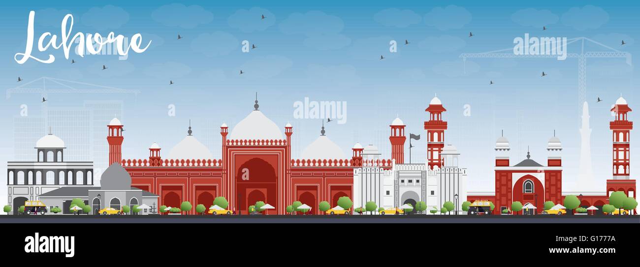 Lahore skyline con grigio, rosso punti di riferimento e cielo blu. illustrazione vettoriale. business viaggi e turismo concept Illustrazione Vettoriale