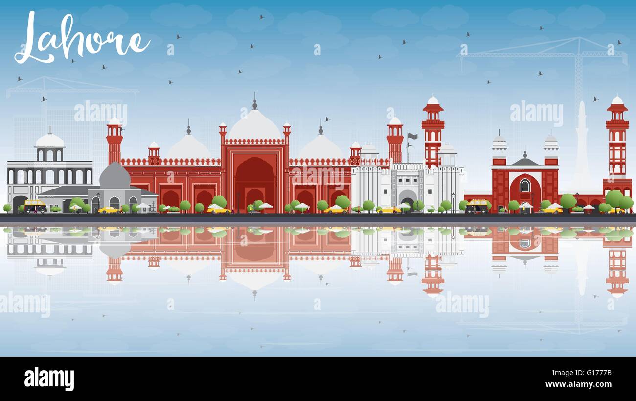 Lahore skyline con grigio, rosso i punti di riferimento e di riflessioni. illustrazione vettoriale. business viaggi e turismo concept Illustrazione Vettoriale