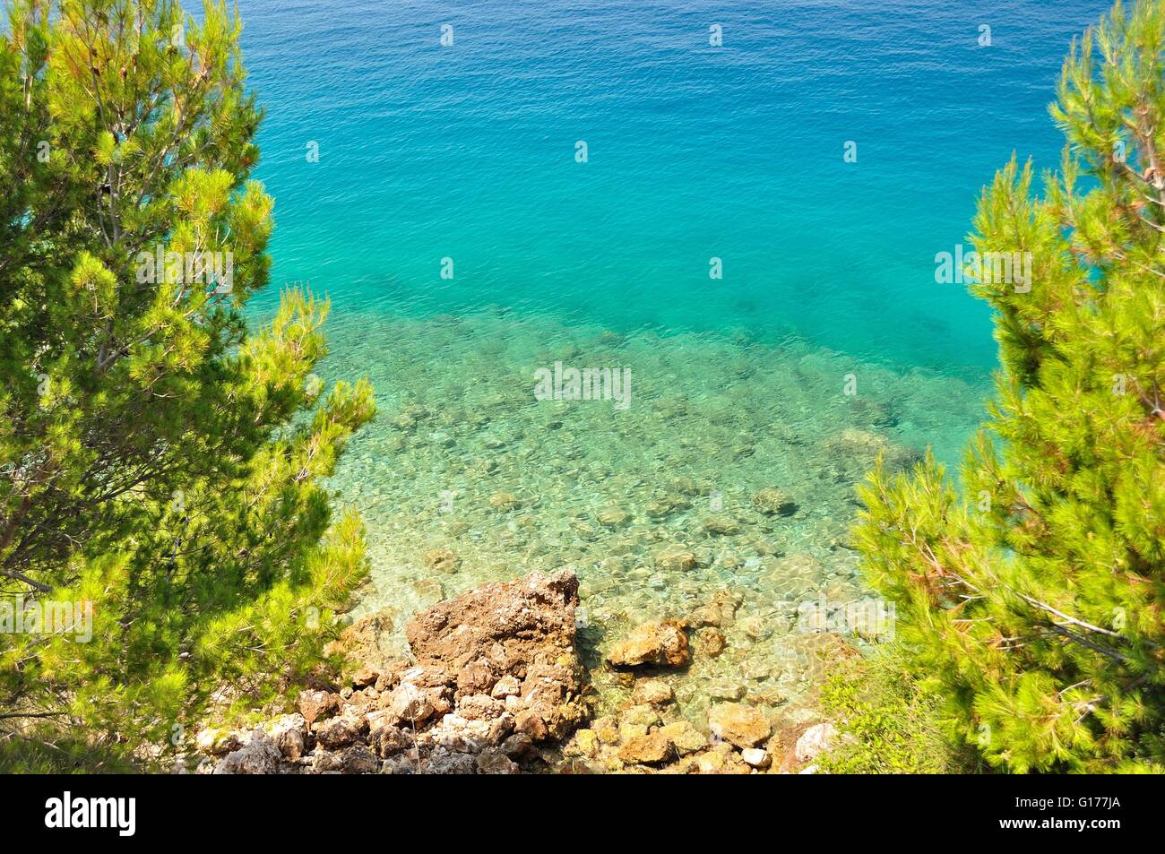 Bellissima spiaggia con pietre incorniciata dagli alberi. Tucepi, Croazia Foto Stock