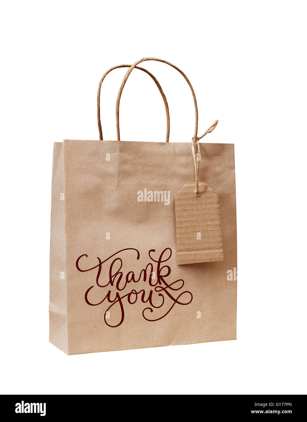 Brown sacco di carta kraft per dono con parole grazie Foto Stock