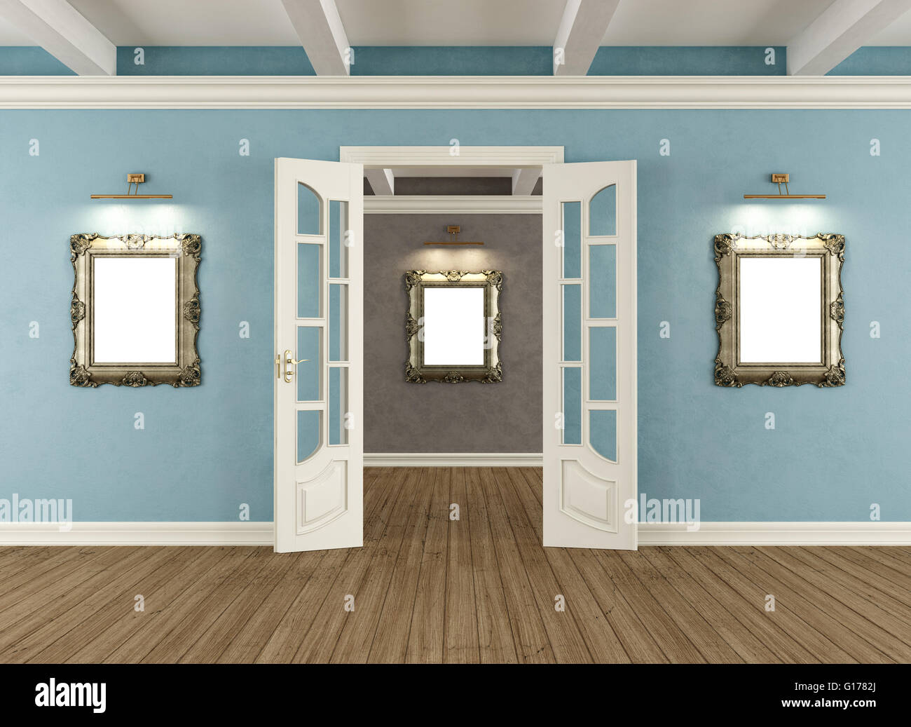 Retrò interno con lo sportello aperto e classiche cornici dorate sulla parete- 3d rendering Foto Stock