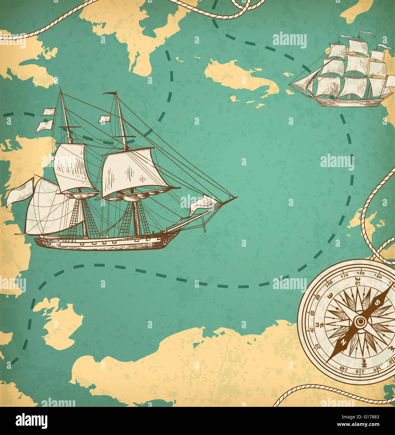 Vintage map con le barche a vela. Mappa Antico con navi e bussola Foto  stock - Alamy