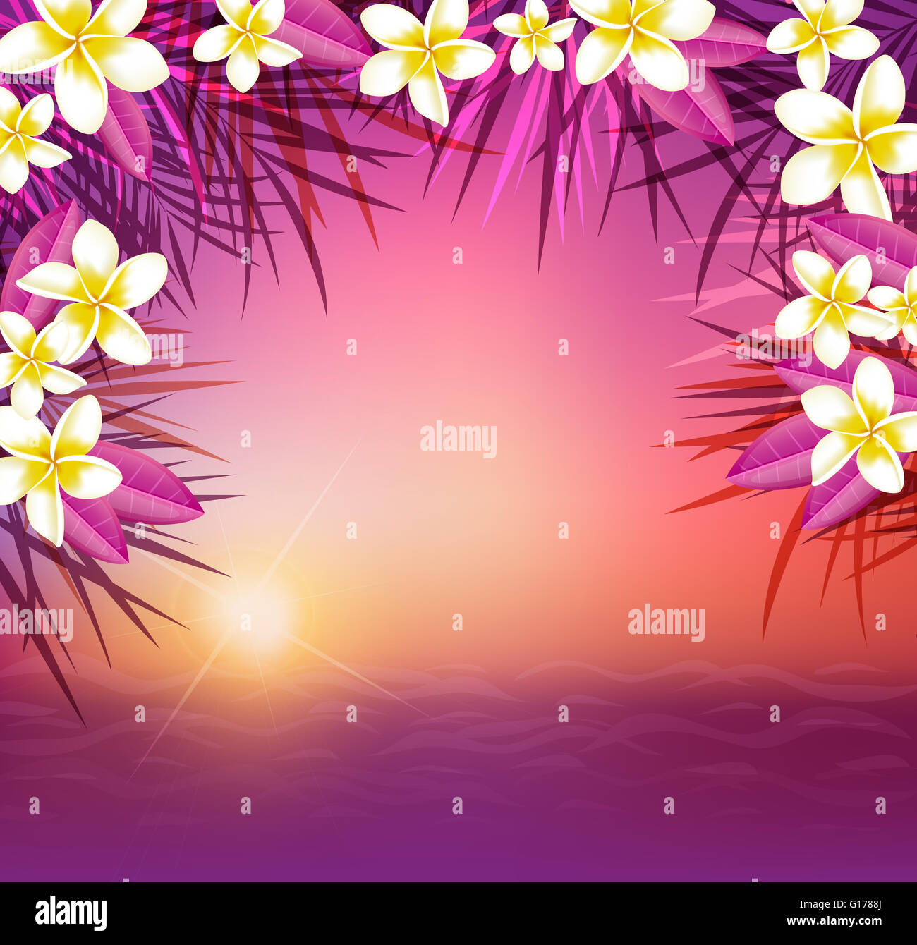 Estate sfondo tropicale con foglie di palma e fiori. Tramonto tropicale e mare. Foto Stock