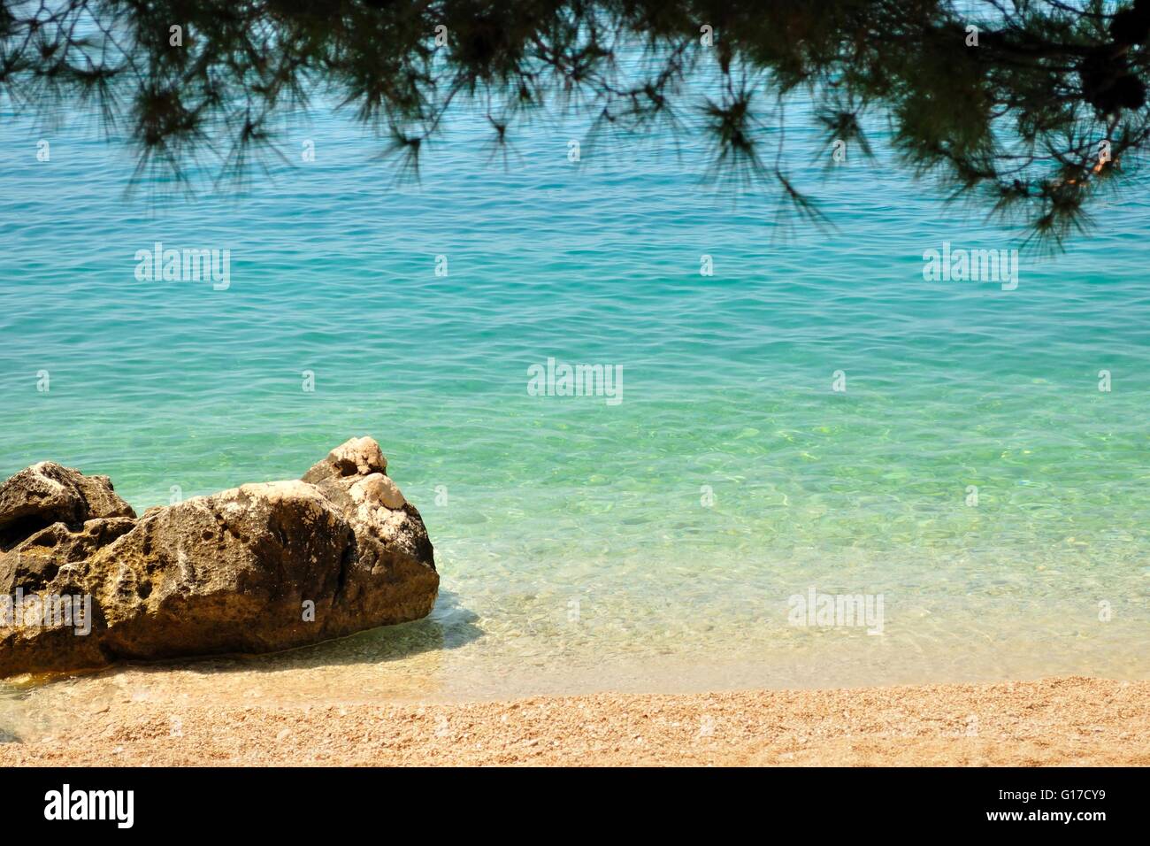Bellissima spiaggia con big stone incorniciato dalla struttura ad albero. Tucepi, Croazia Foto Stock