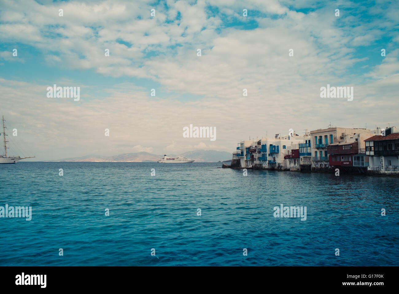 La città di Mykonos paesaggio Foto Stock