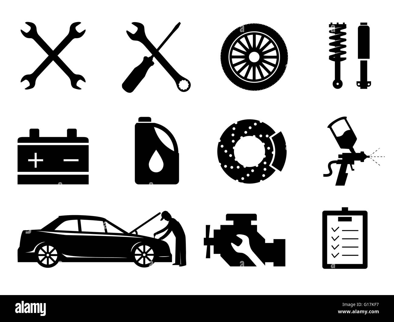 Manutenzione e riparazione autoveicoli Imposta icona, vettore Illustrazione Vettoriale