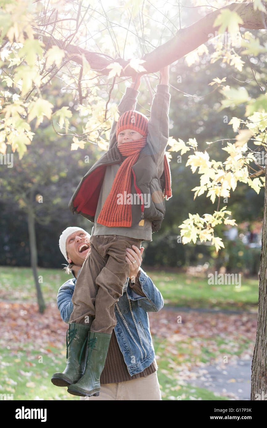 Oscillazione del ragazzo sul ramo di albero, padre di lui di contenimento stabile, ridendo Foto Stock