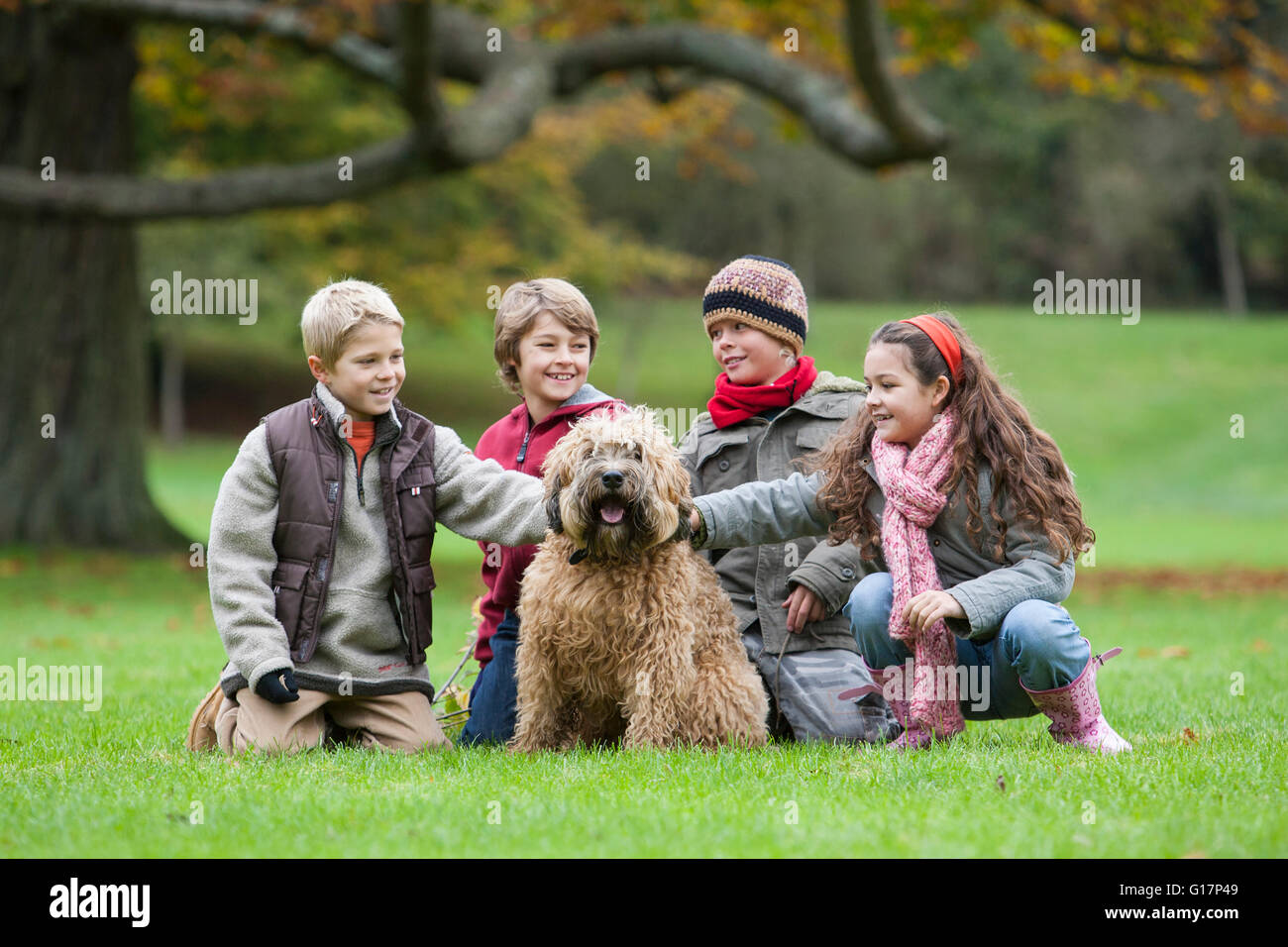 Quattro bambini nel parco, accovacciato, accarezzare cane Foto Stock