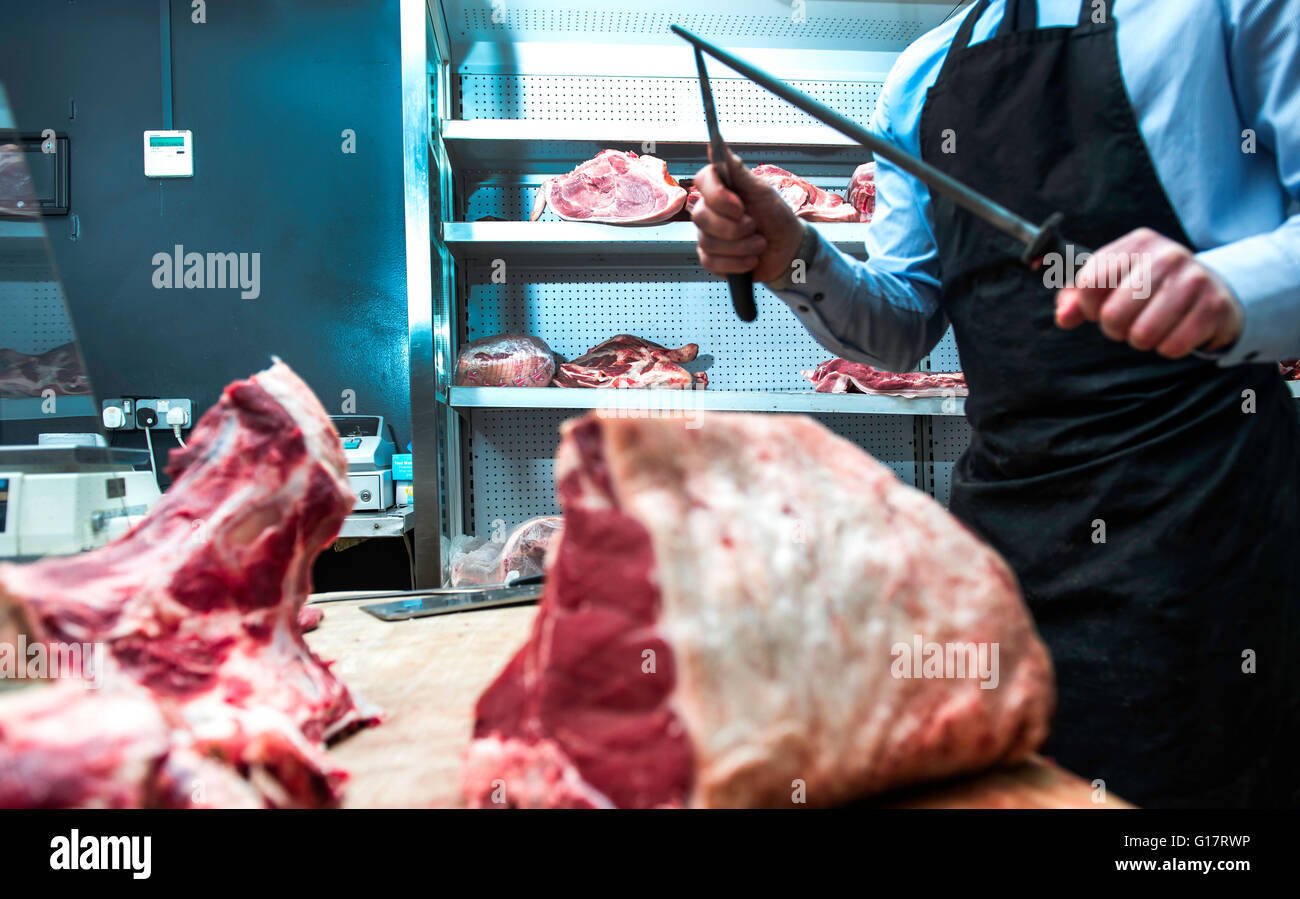 Macellaio coltello affilatura sulla lama di acciaio in macelleria, metà sezione Foto Stock
