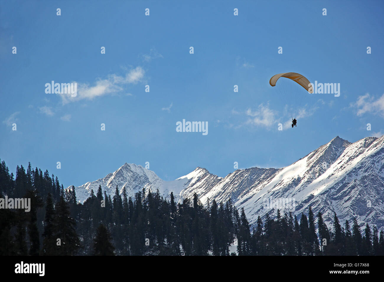 Parapendio in volo in tandem in Himalaya durante la stagione invernale nella valle Solang in Manali, India. Foto Stock