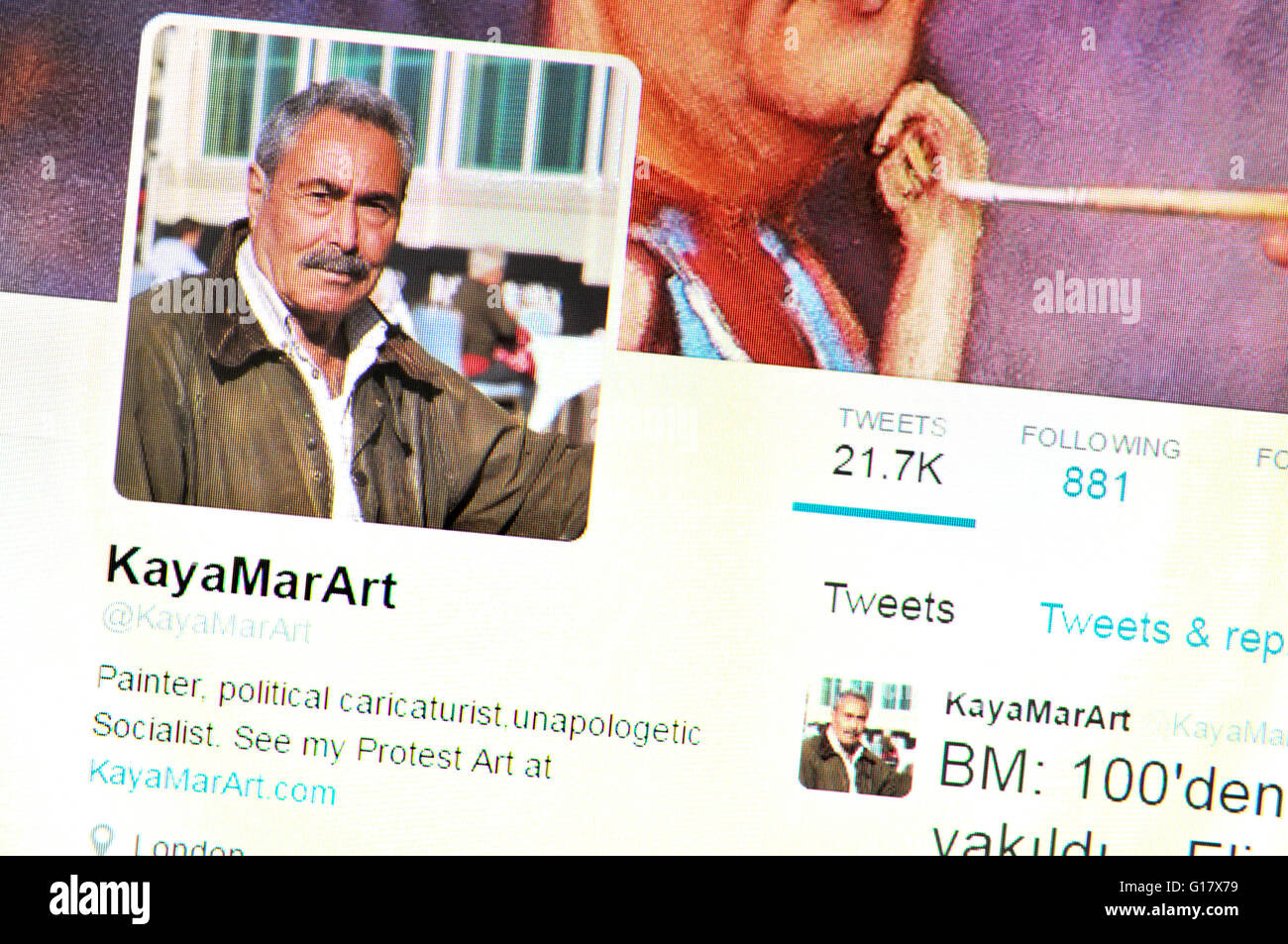 Twitter homepage screenshot: Kaya Mar, turco vignettista satirico italiano (Maggio 2016) Foto Stock