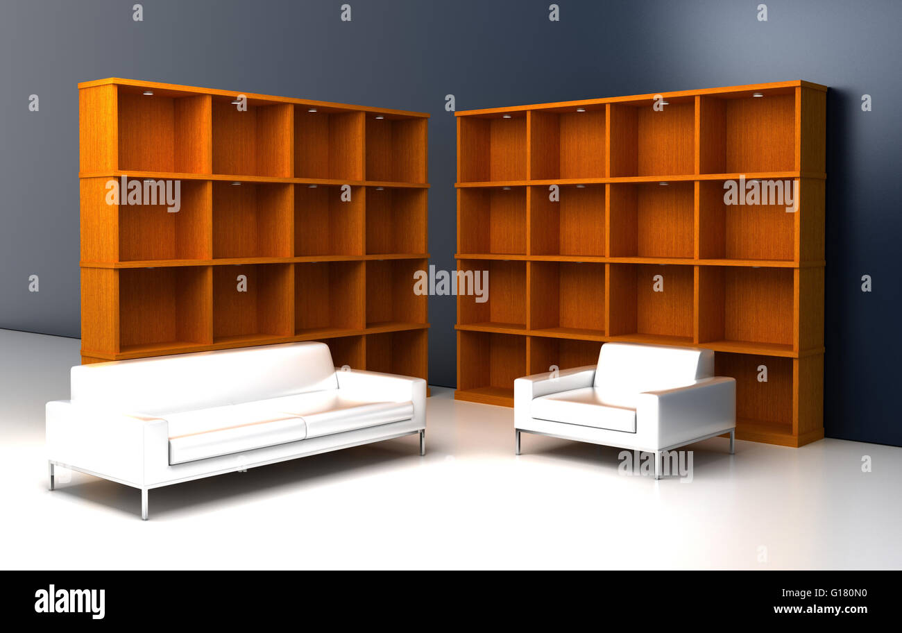 Libreria vuota, spazio copia illustrazione, rendering 3D Foto Stock